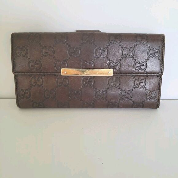 GUCCI GG Guccissima Logo Metal Bar Plate All Leather Wallet Long Bifold Brown - Picture 1 of 13